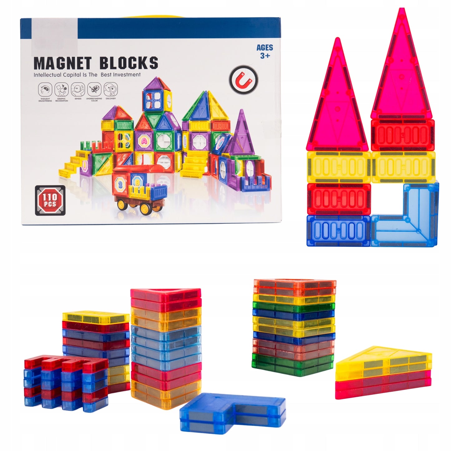 Klocki Magnetyczne 3D Zamek i Pojazdy Duży Zestaw 110 Elementów Edukacyjne
